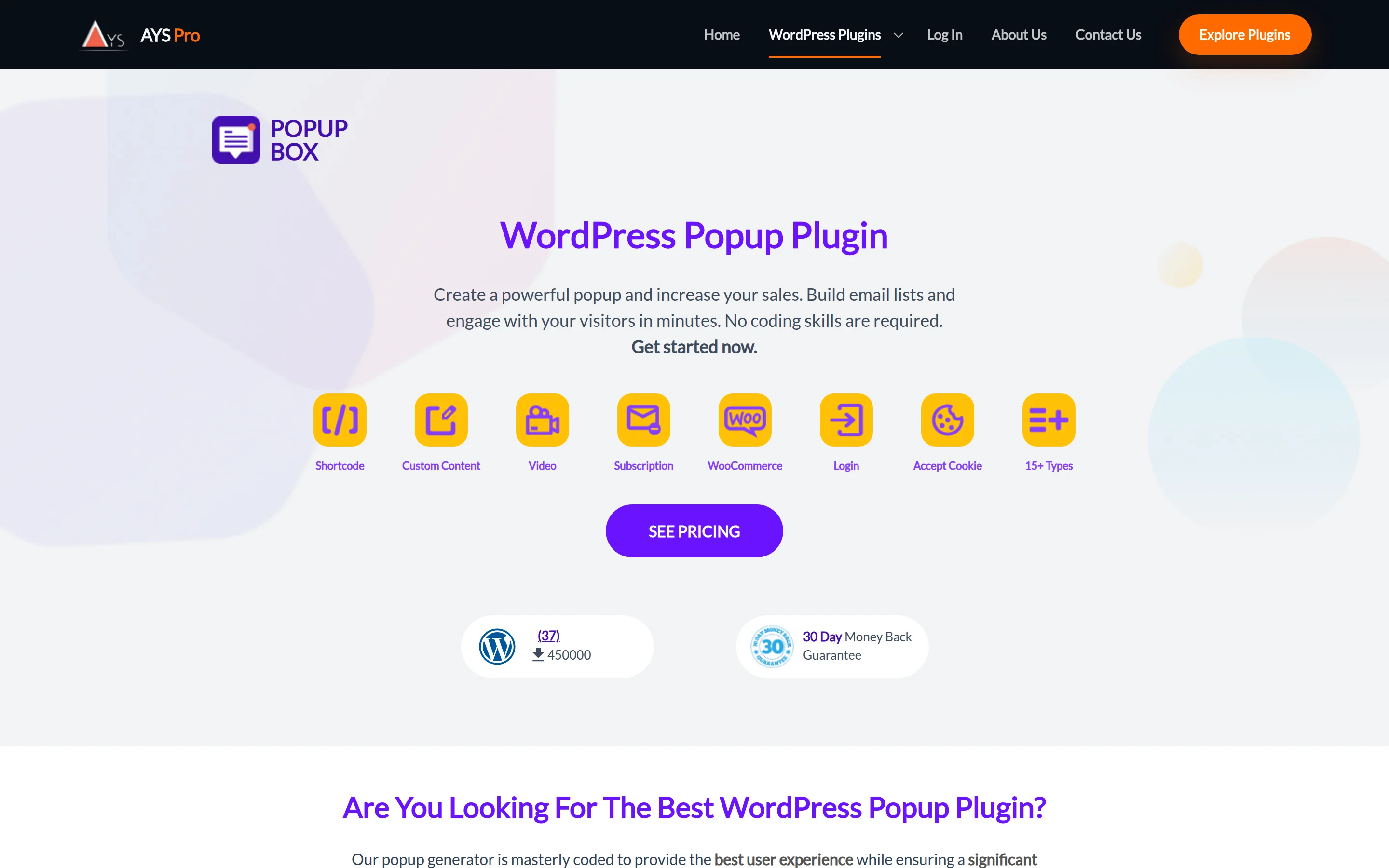 Popup Box product page on ays-pro.com
