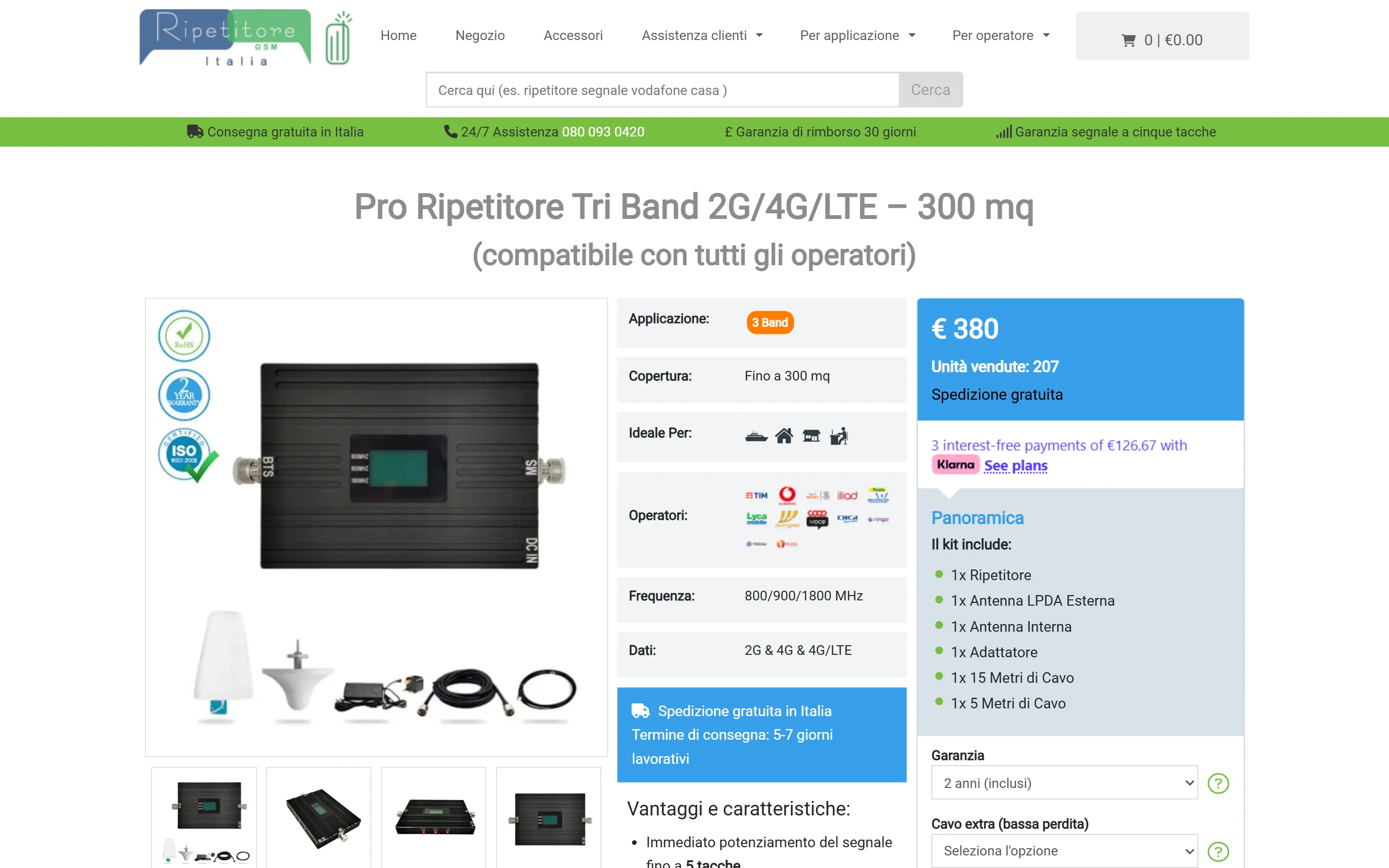 Ripetitore GSM Italia product page for a tri-band booster