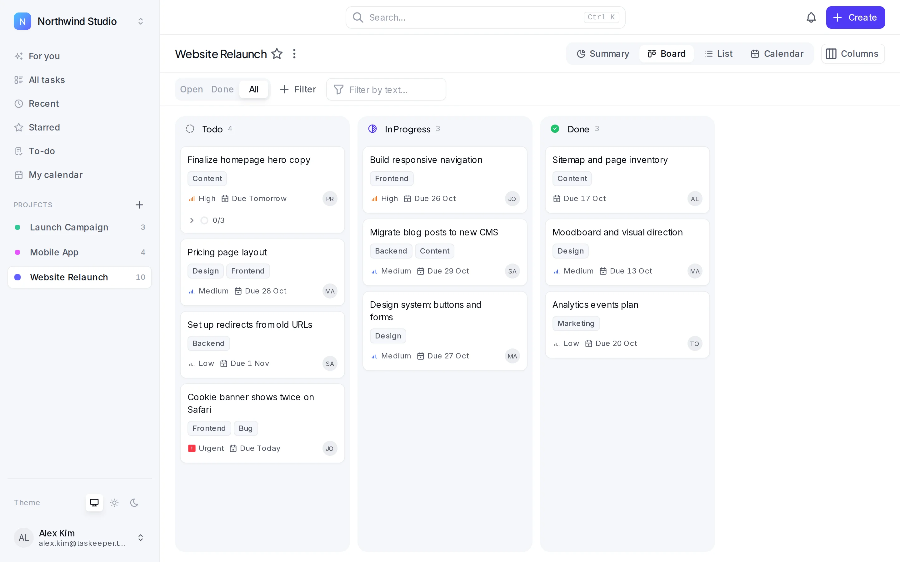 Taskeeper project board with Todo, In Progress and Done columns