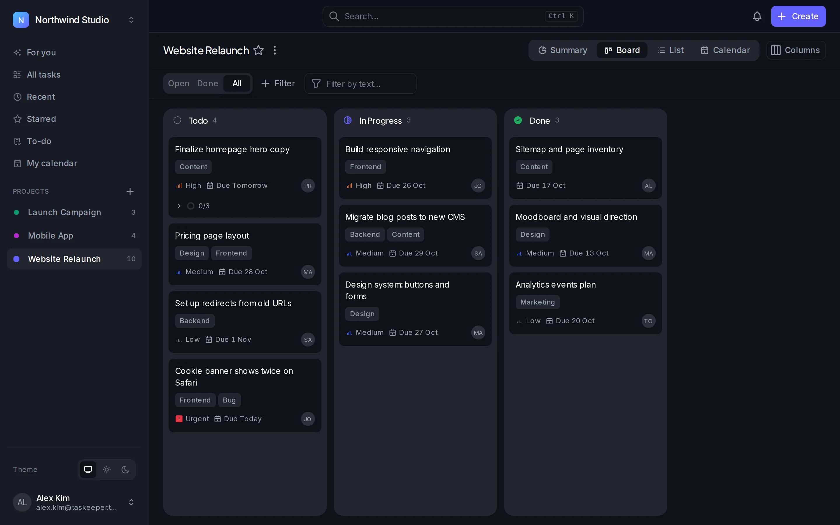 Taskeeper project board in dark mode