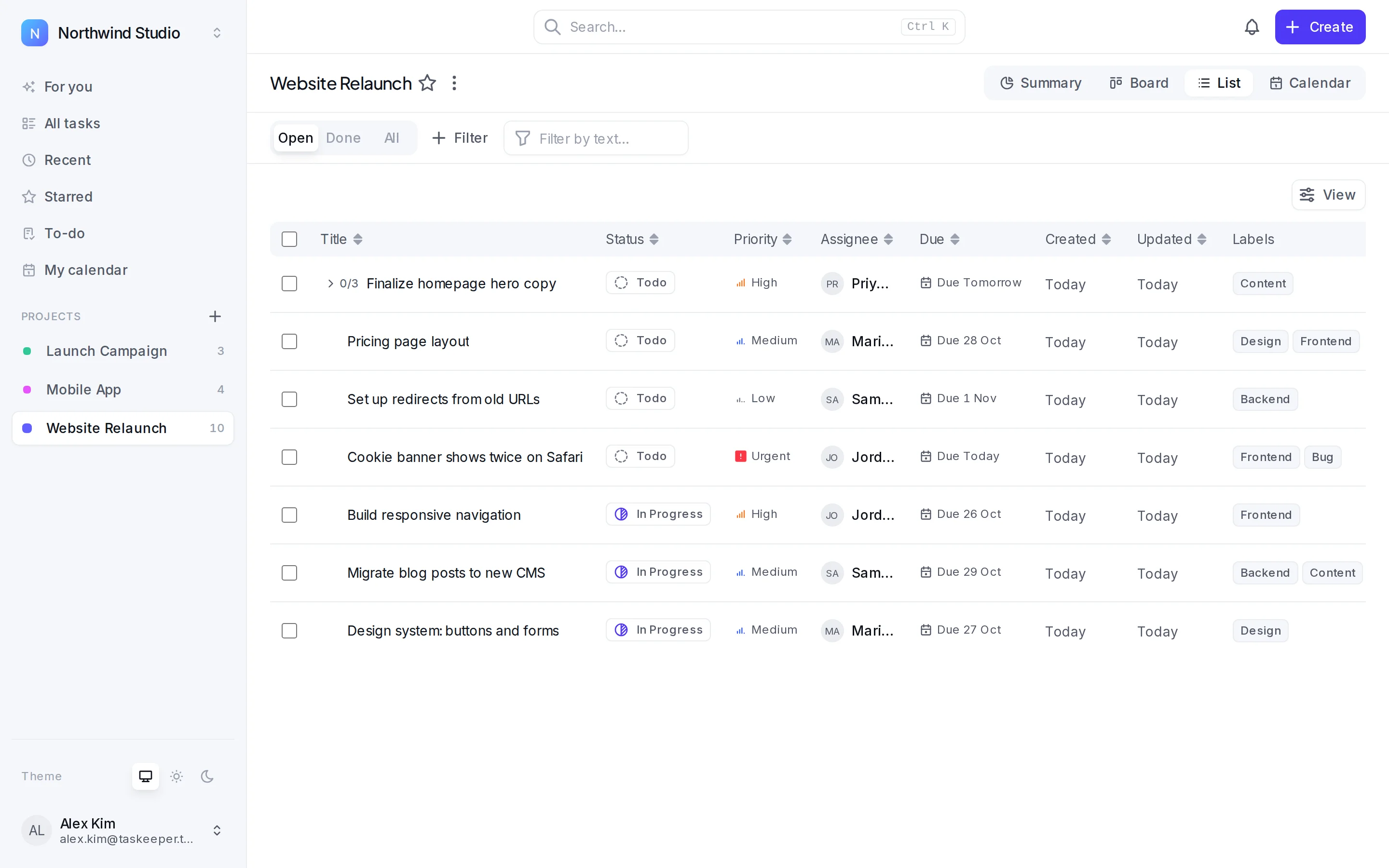 Taskeeper list view with sortable status, priority, assignee and due date columns