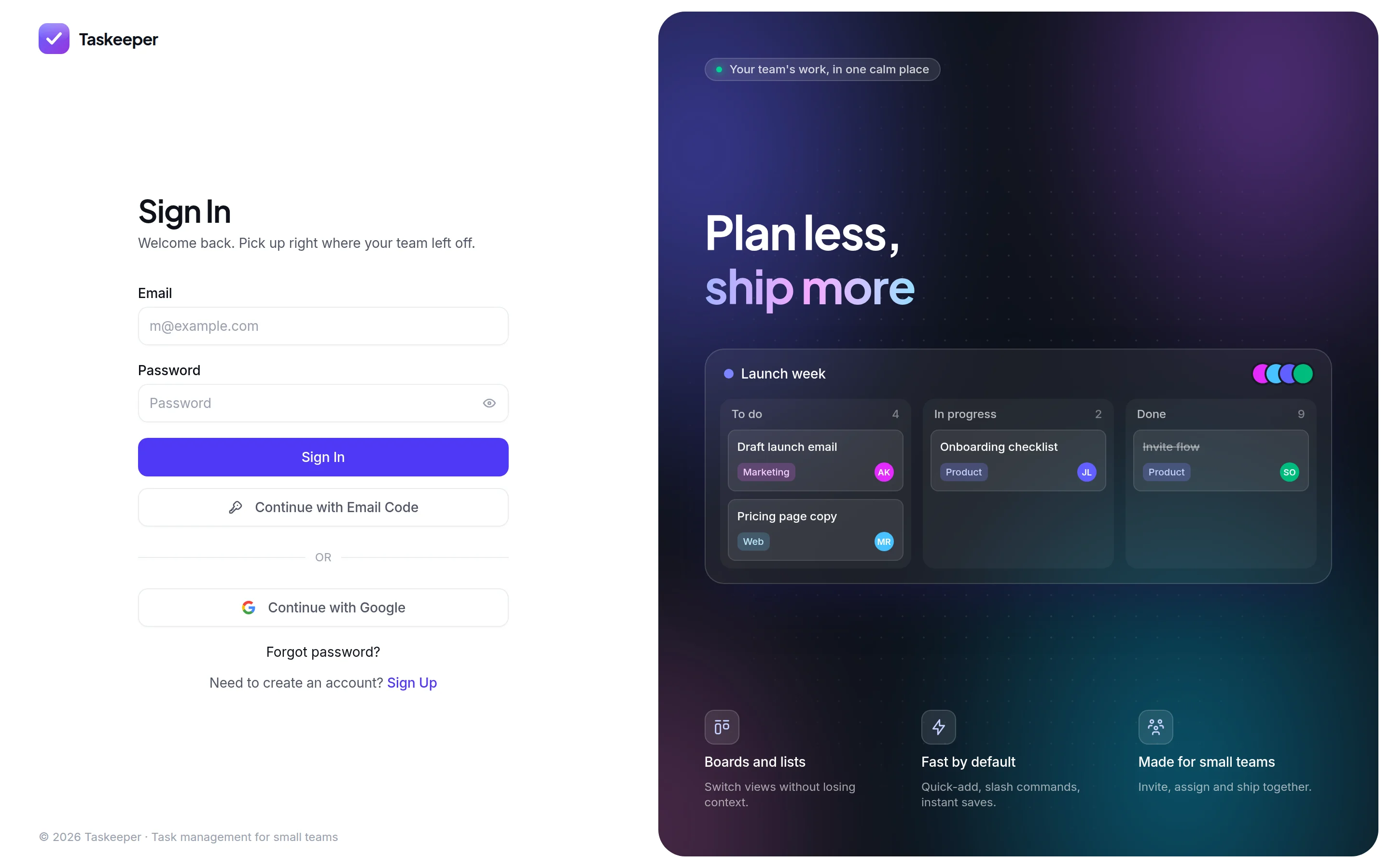 Taskeeper sign-in page