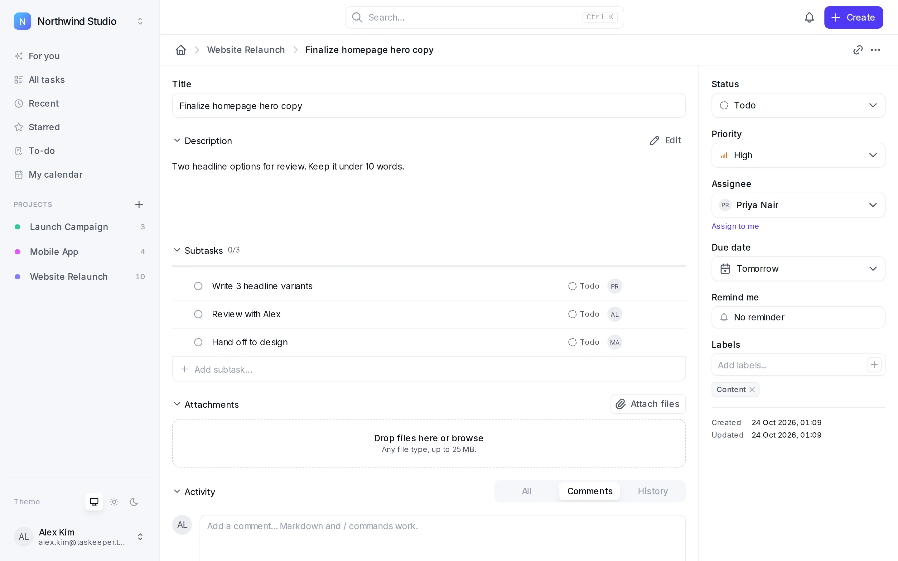 Taskeeper task page with description, subtasks, attachments and activity