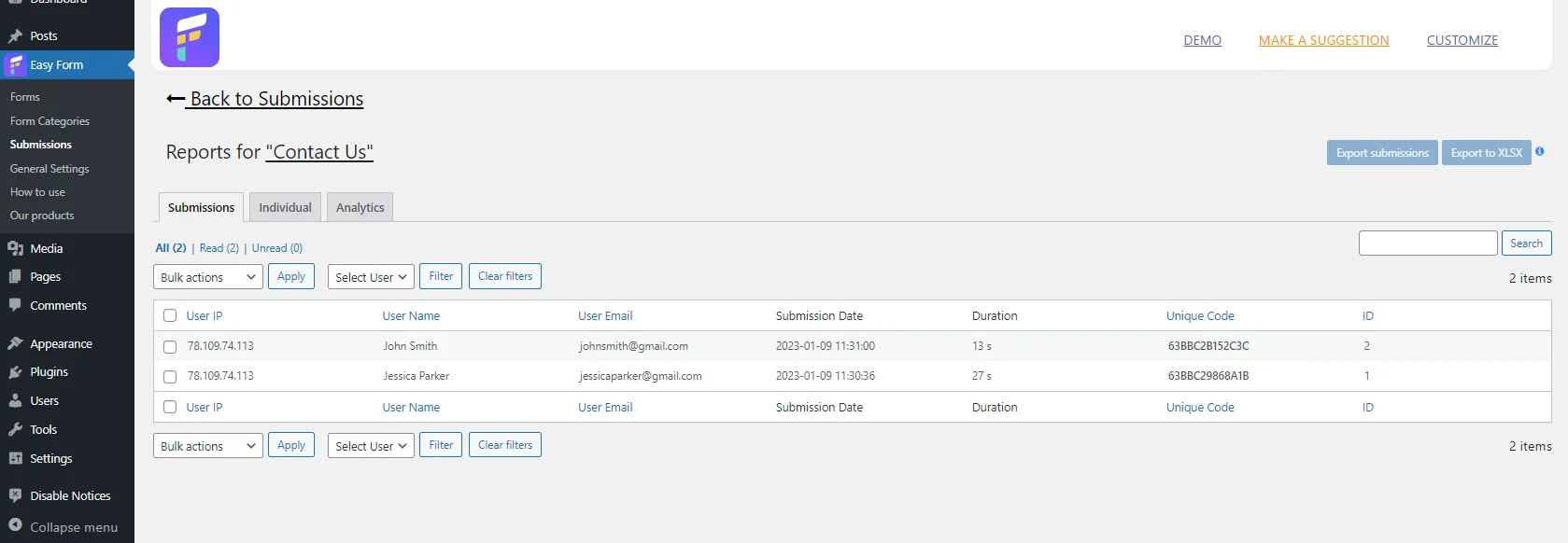Easy Form: form Results tab