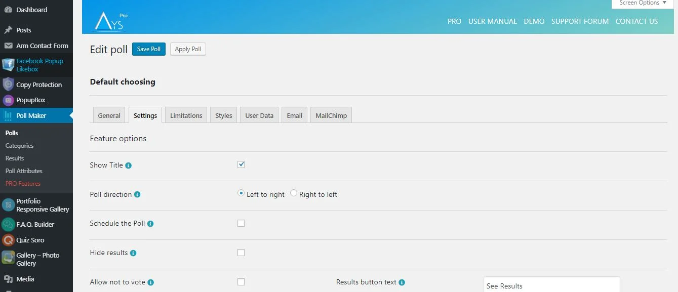Poll Maker: dashboard poll results