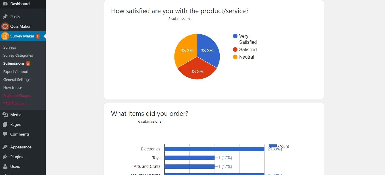 Survey Maker: form submissions summary with charts